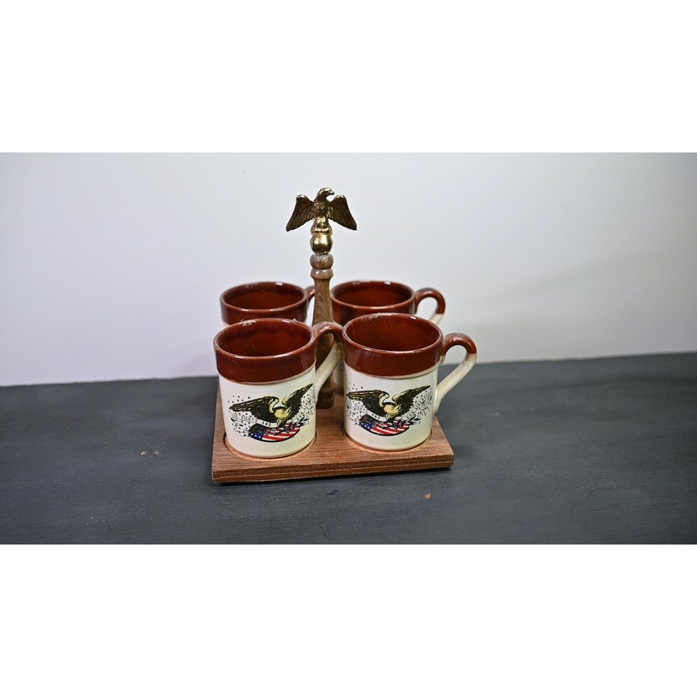 Eagle Stoneware Mug Set With Holder Our Rights and Our Liberties Japan Vintage